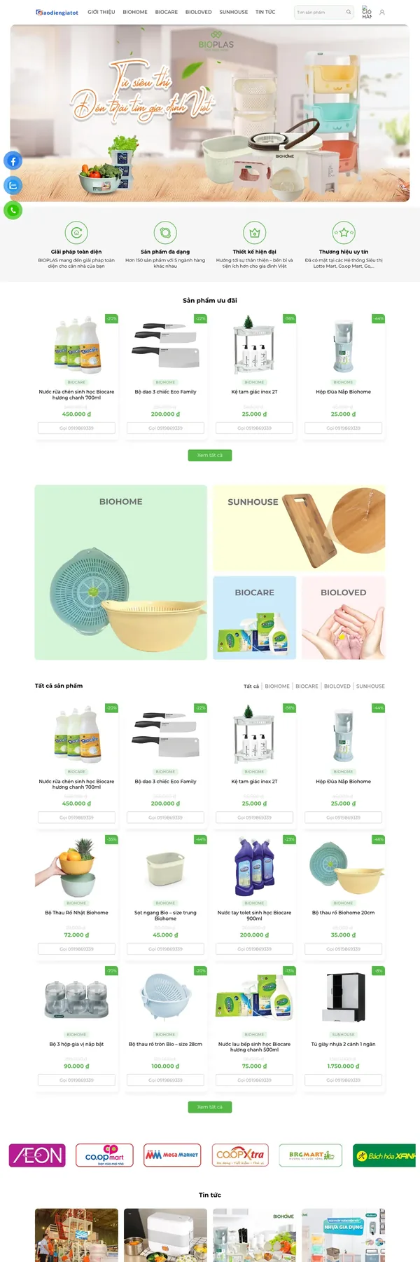 Màn hình đầu mẫu website đồ nhựa gia dụng với banner chữ viết tay tông pastel