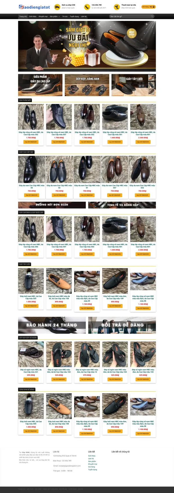 Màn hình đầu mẫu website shop giày tây nam tông đen vàng