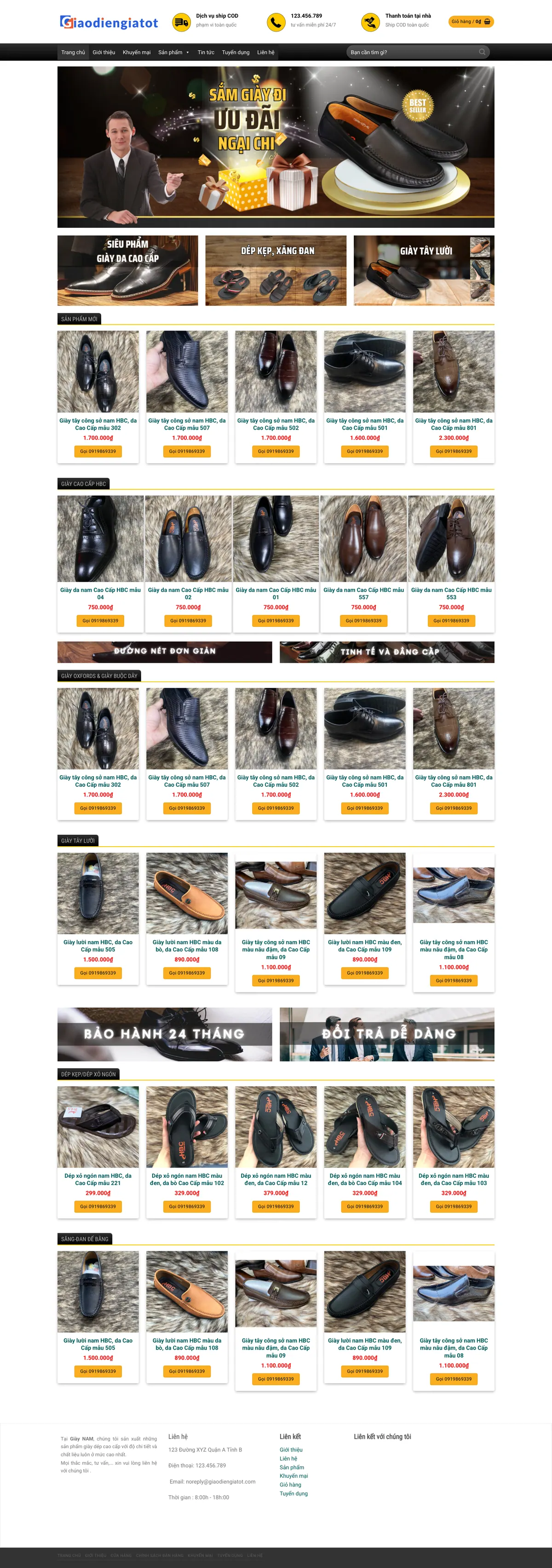 Màn hình đầu mẫu website shop giày tây nam tông đen vàng