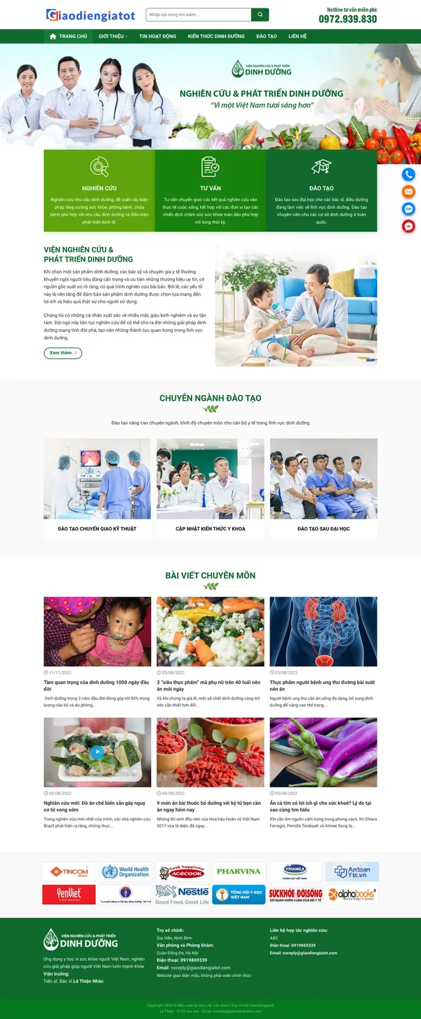 Màn hình đầu mẫu website viện nghiên cứu dinh dưỡng với banner đội ngũ bác sĩ