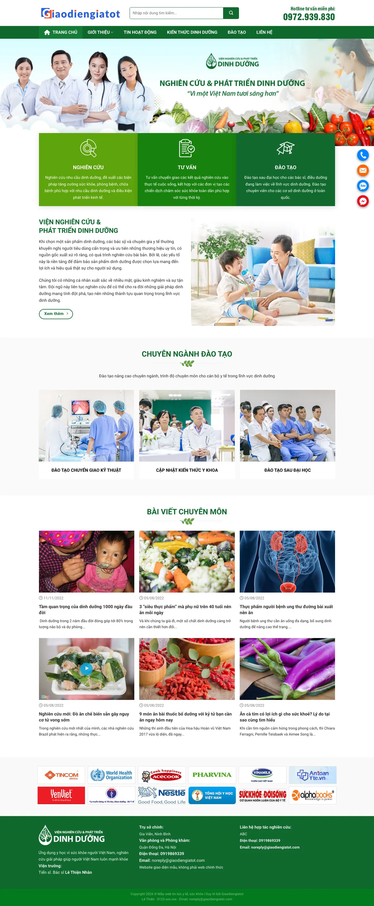 Màn hình đầu mẫu website viện nghiên cứu dinh dưỡng với banner đội ngũ bác sĩ