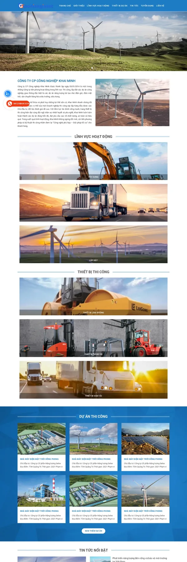 Màn hình đầu mẫu website công ty thi công công nghiệp với banner điện gió