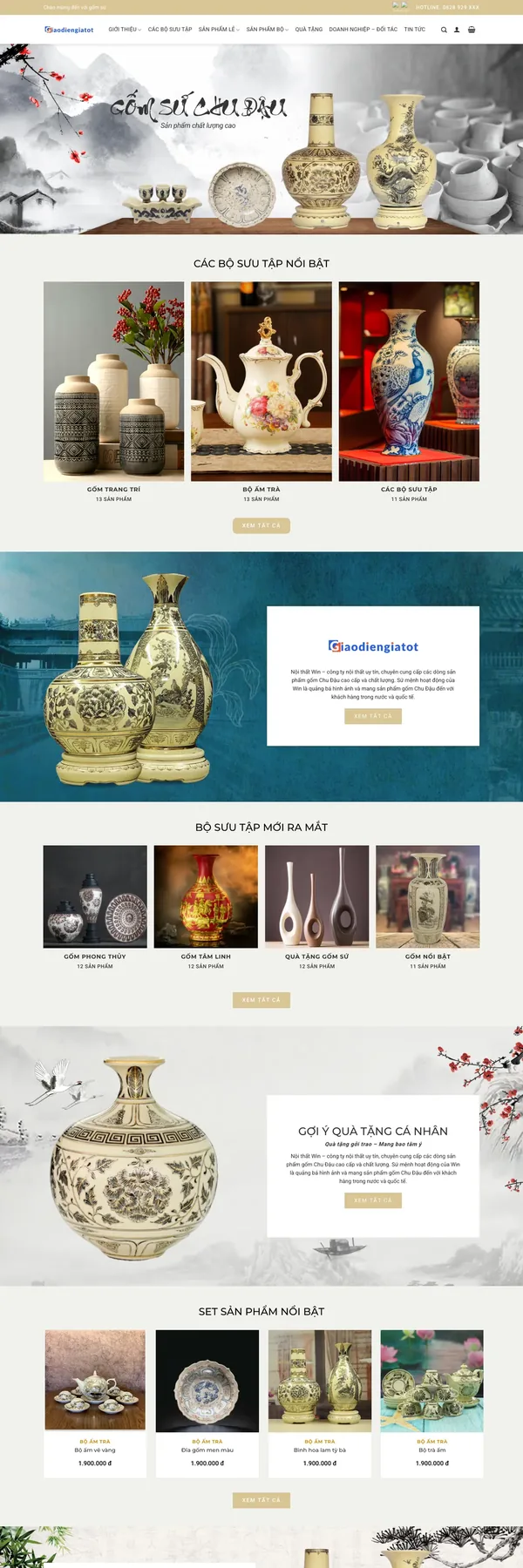 Màn hình đầu mẫu website gốm sứ truyền thống với bộ sưu tập nổi bật