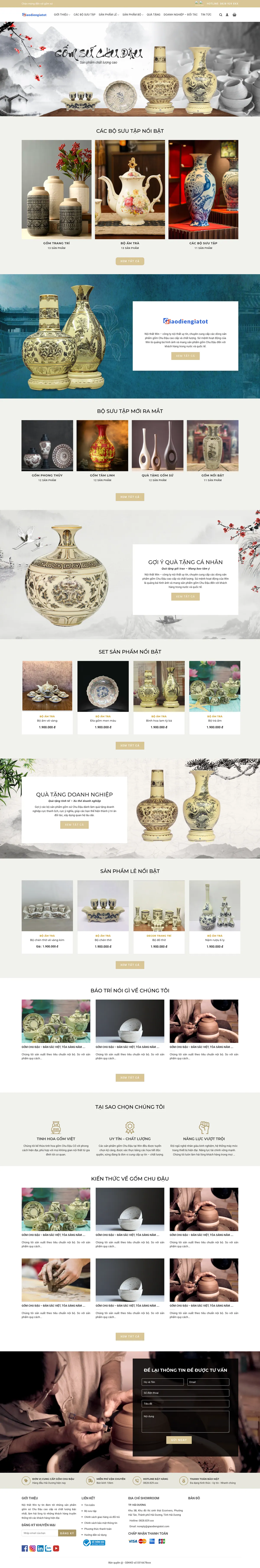 Màn hình đầu mẫu website gốm sứ truyền thống với bộ sưu tập nổi bật