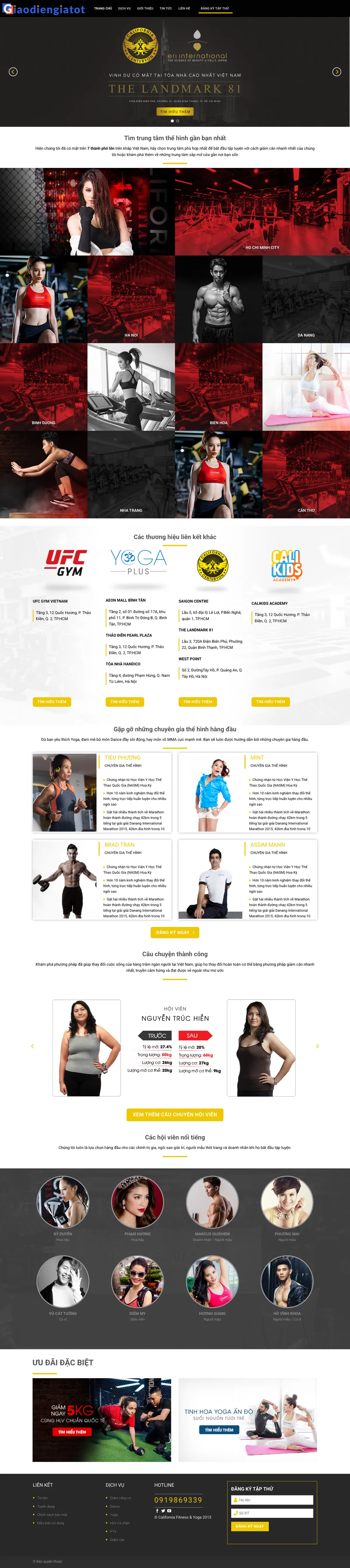 Màn hình đầu mẫu website chuỗi trung tâm thể hình và yoga