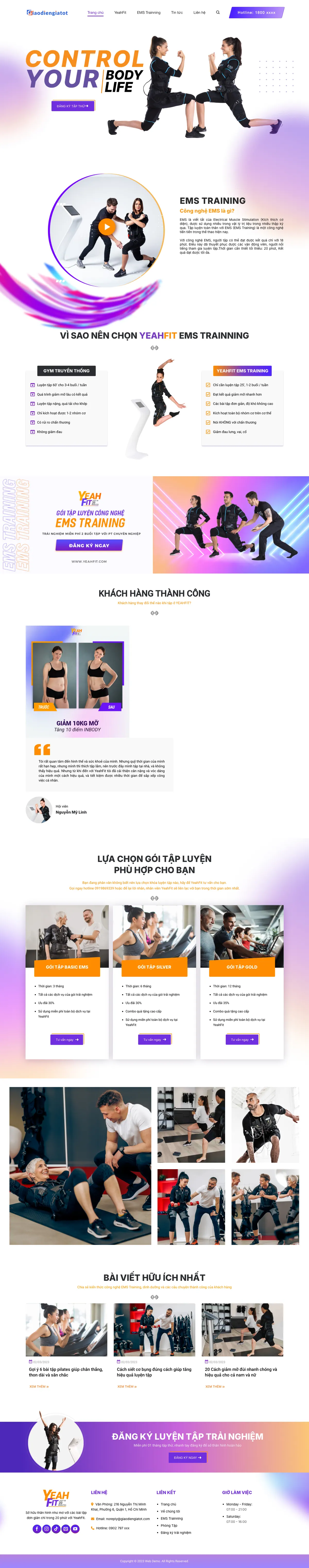 Màn hình đầu mẫu website phòng tập EMS training với nút đăng ký tập thử