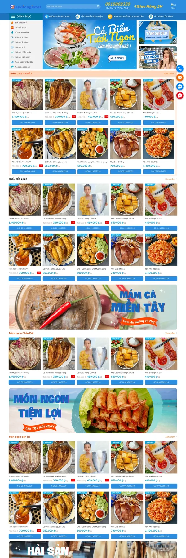 Màn hình đầu mẫu website hải sản khô với menu danh mục và banner cá biển
