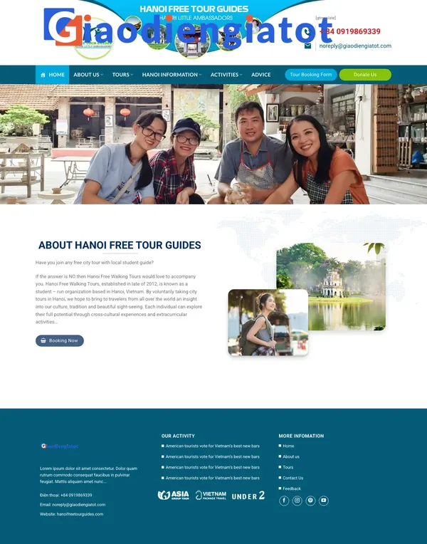 Màn hình đầu mẫu website hướng dẫn viên du lịch tiếng Anh với ảnh khách và nút đặt tour