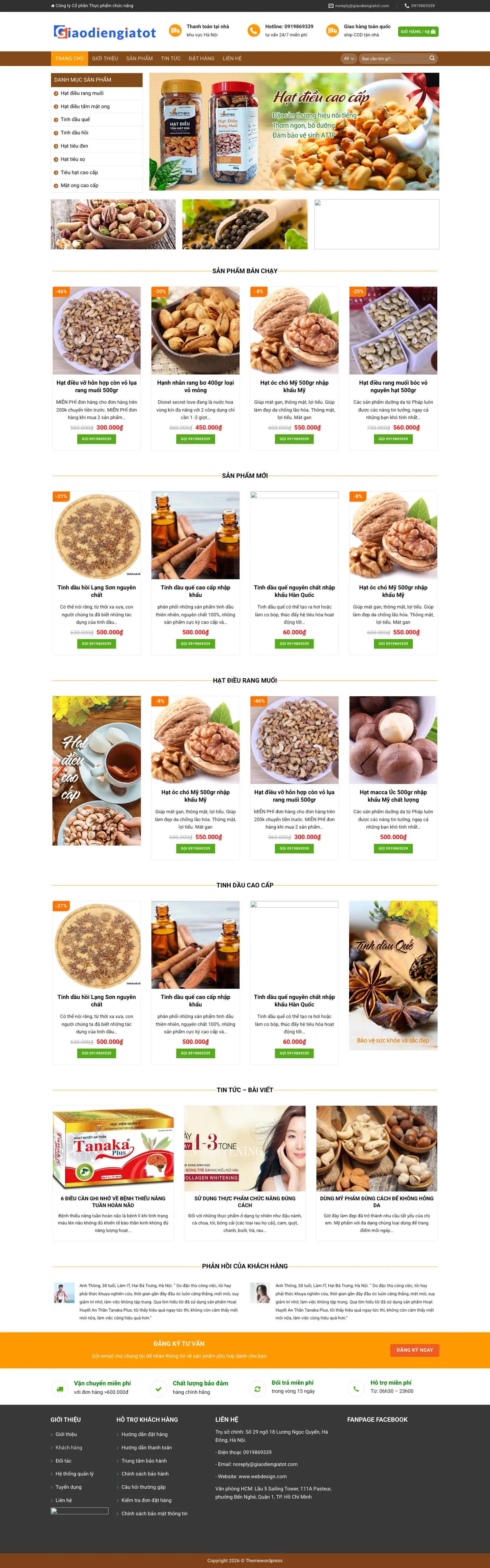 Màn hình đầu mẫu website bán hạt điều và tinh dầu với danh mục bên trái