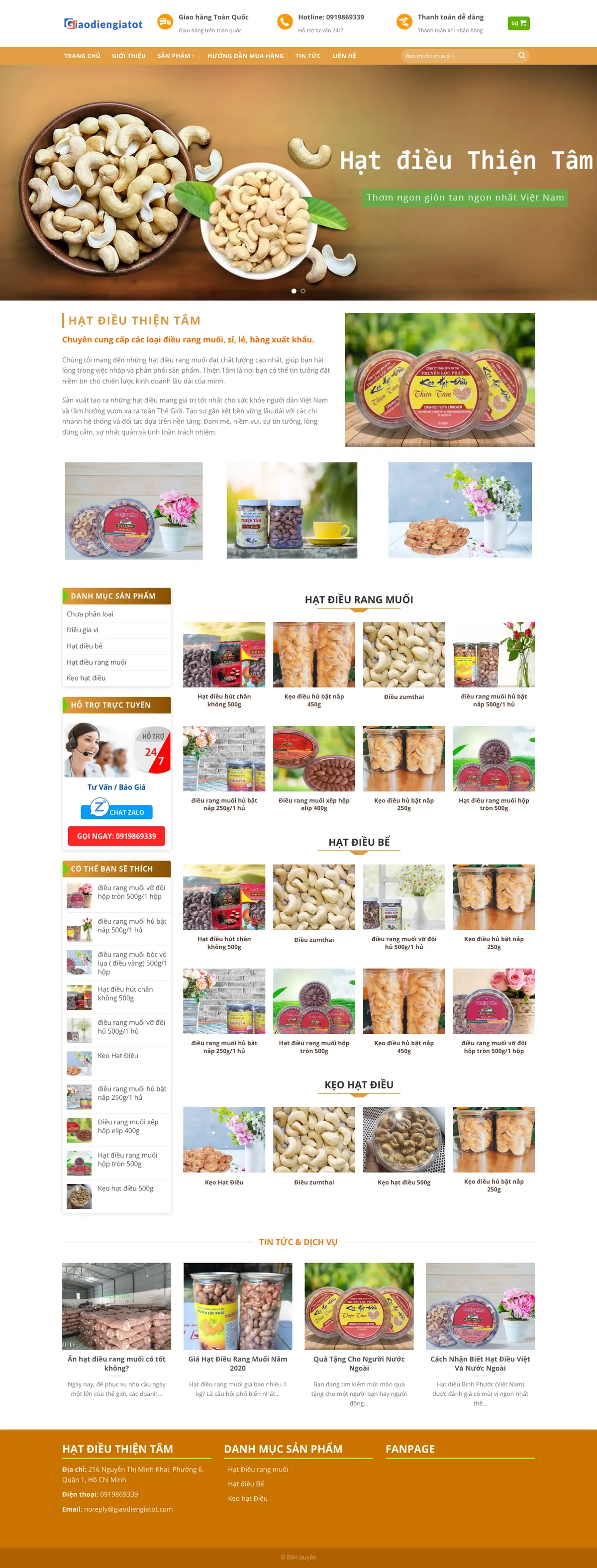 Màn hình đầu mẫu website cơ sở hạt điều rang muối bán sỉ lẻ