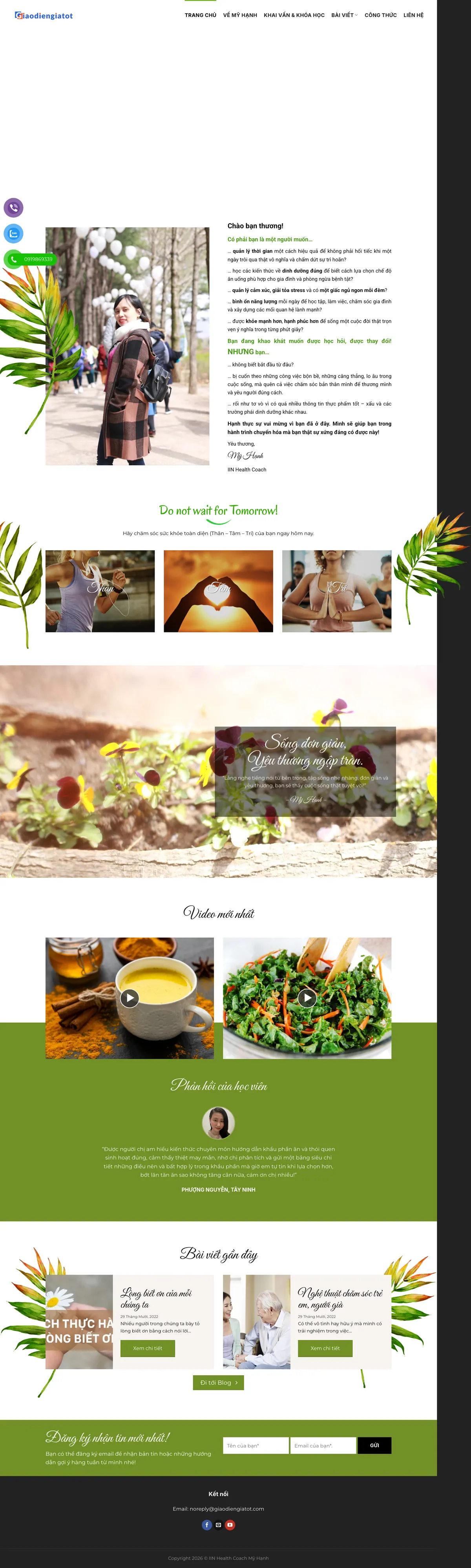 Màn hình đầu mẫu website health coach phong cách thương hiệu cá nhân