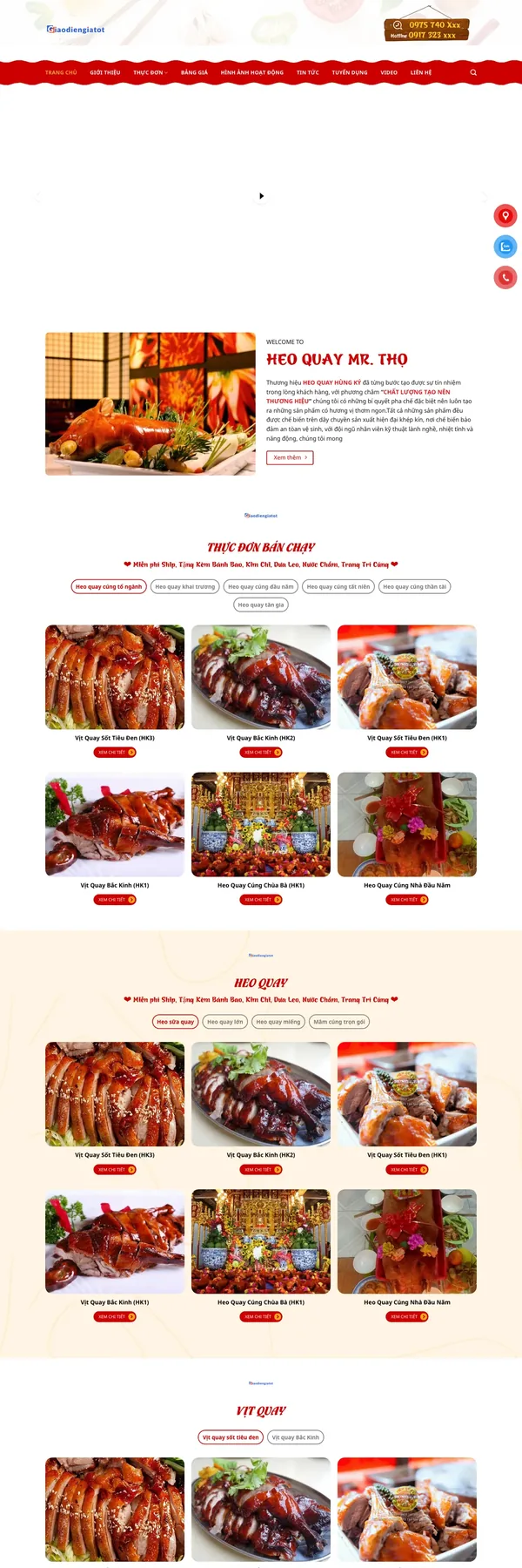 Màn hình đầu mẫu website tiệm heo quay, vịt quay nhận đặt cúng