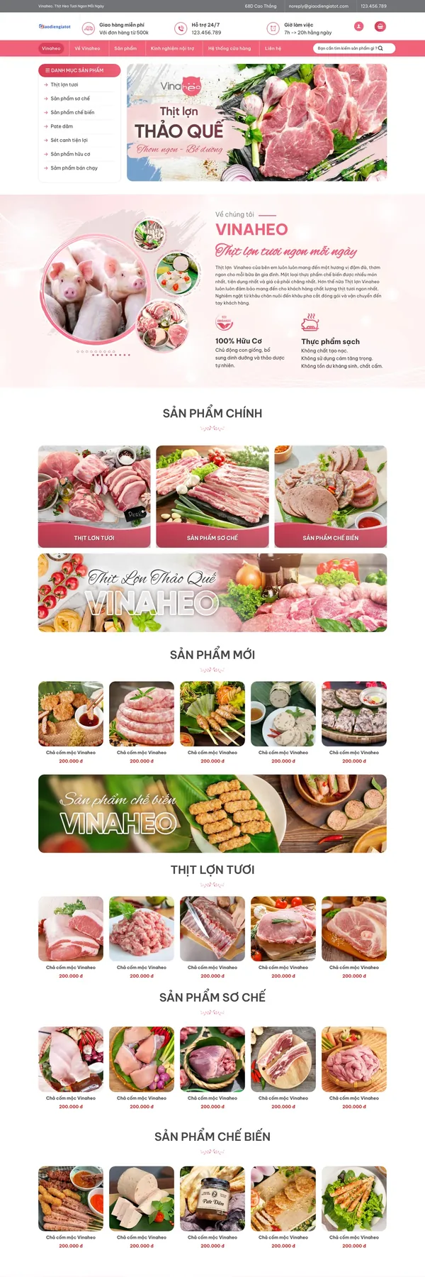 Màn hình đầu mẫu website thịt heo sạch với danh mục sản phẩm và banner thịt tươi