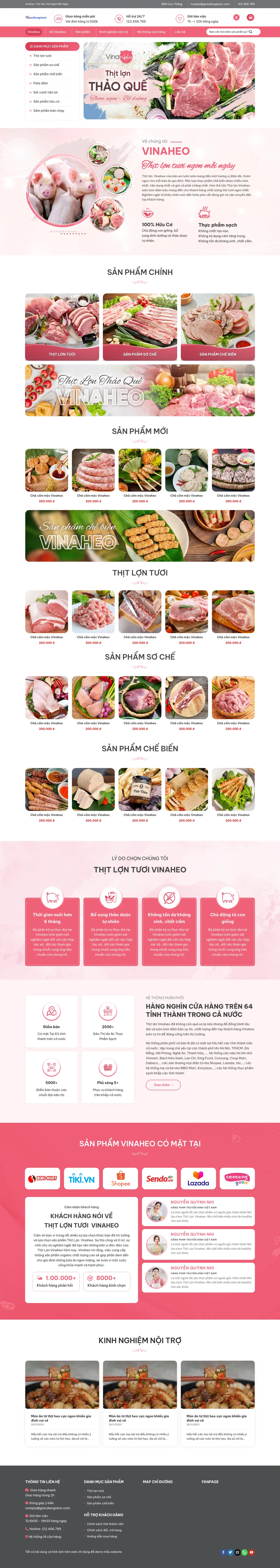 Màn hình đầu mẫu website thịt heo sạch với danh mục sản phẩm và banner thịt tươi