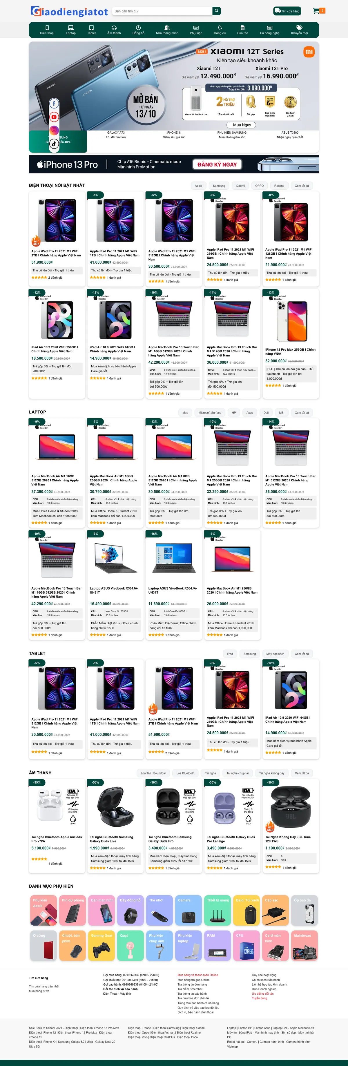 Màn hình đầu mẫu website cửa hàng điện thoại với menu biểu tượng và banner máy mới