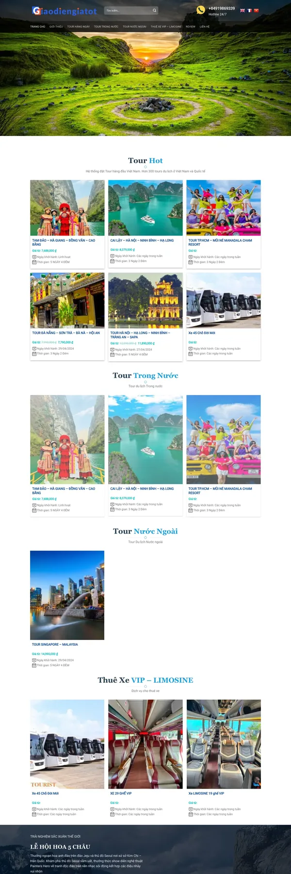 Màn hình đầu mẫu website công ty du lịch với ảnh phong cảnh núi toàn màn hình