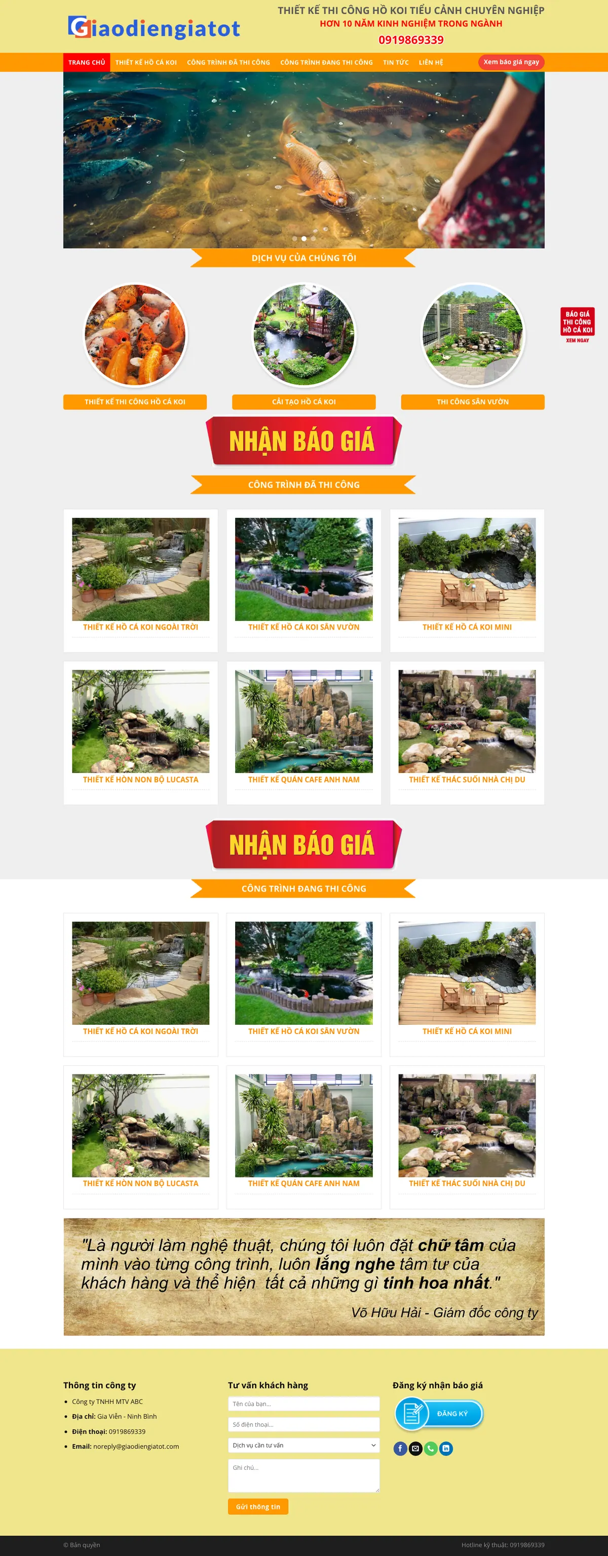 Màn hình đầu mẫu website thiết kế thi công hồ cá Koi với banner tiểu cảnh