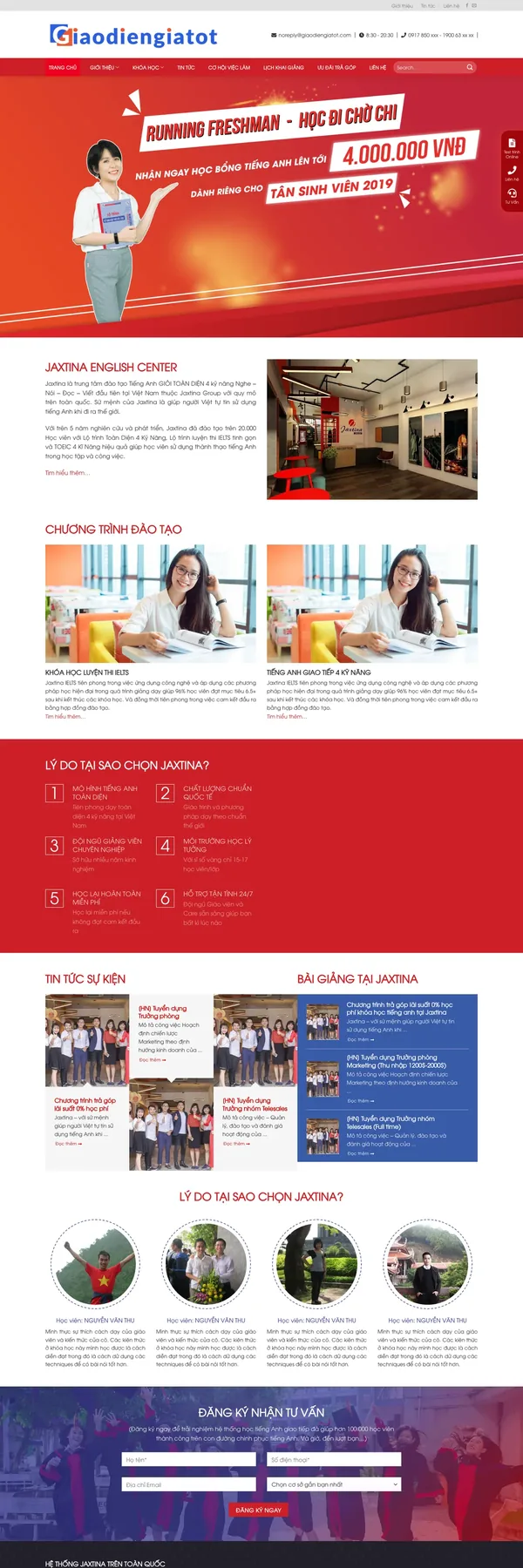 Màn hình đầu mẫu website trung tâm tiếng Anh luyện thi IELTS
