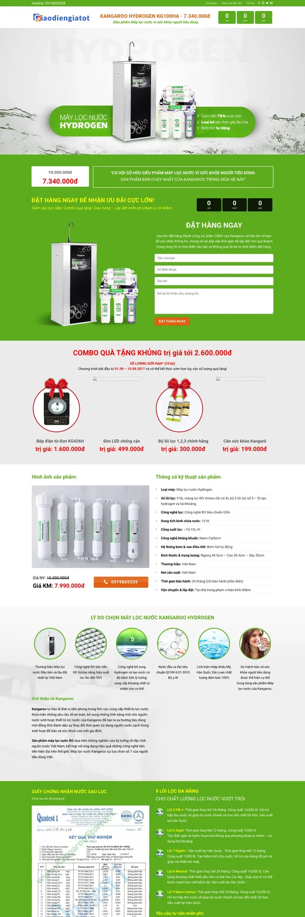 Màn hình đầu landing page máy lọc nước với giá khuyến mãi