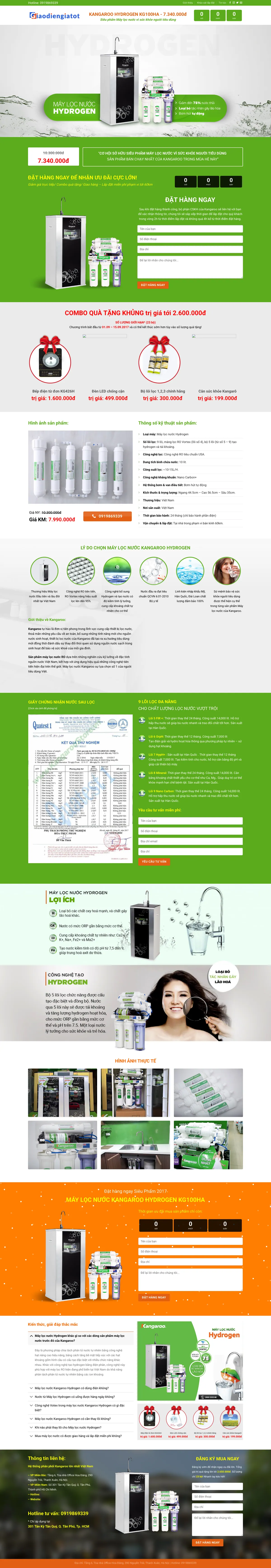 Màn hình đầu landing page máy lọc nước với giá khuyến mãi