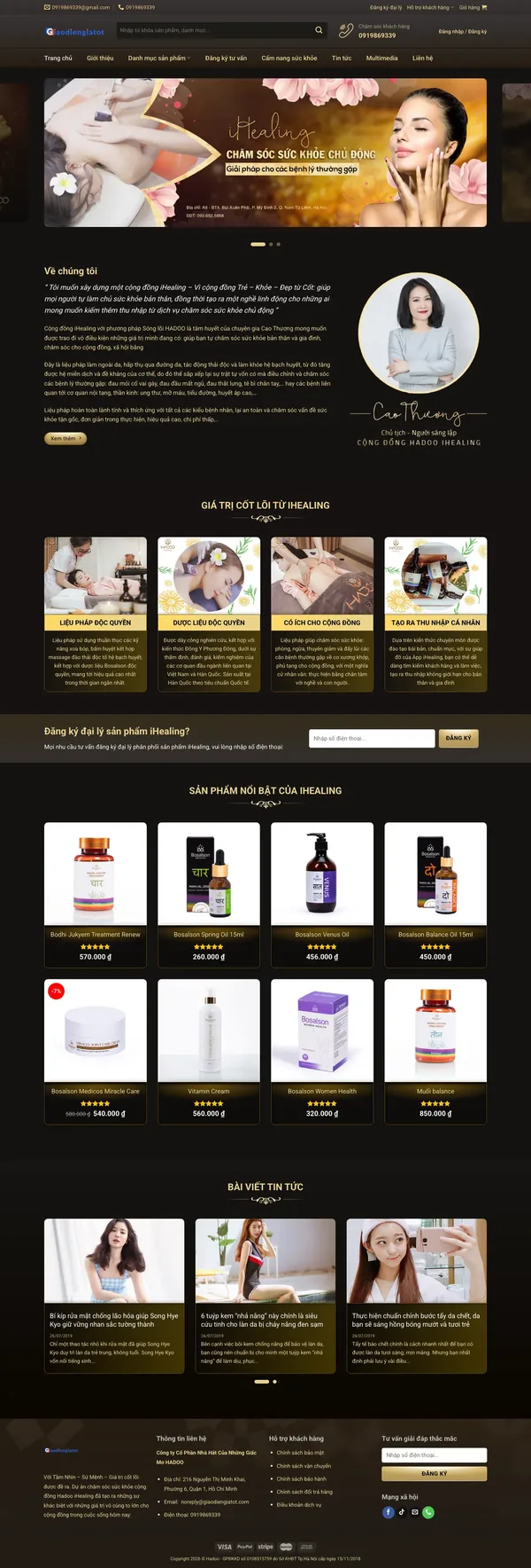 Màn hình đầu mẫu website tinh dầu, muối massage trên máy tính