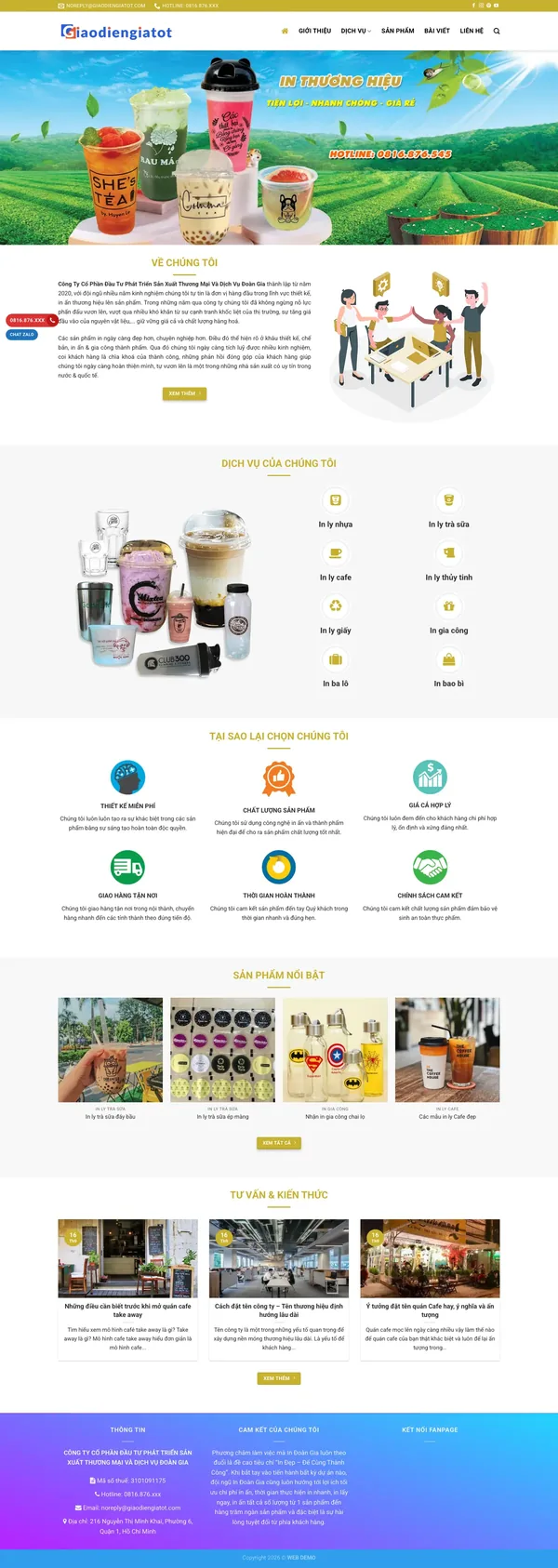 Màn hình đầu mẫu website xưởng in ly nhựa, ly trà sữa