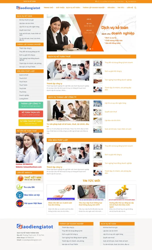 Màn hình đầu mẫu website dịch vụ kế toán với sidebar dịch vụ và slider