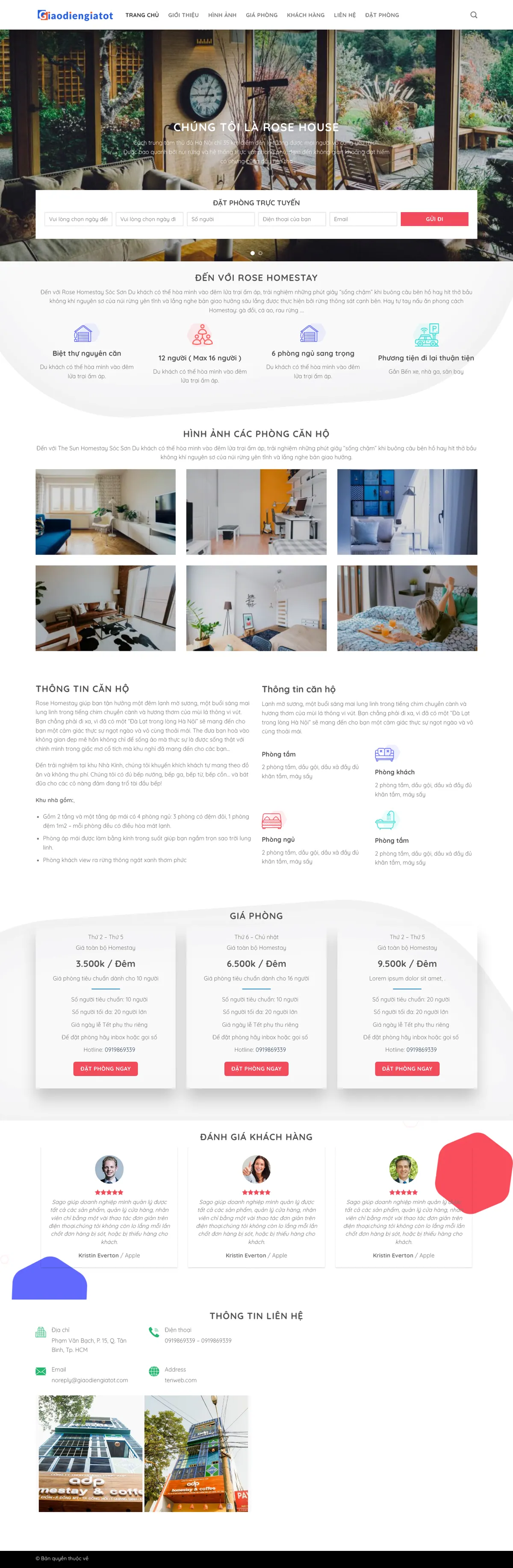 Màn hình đầu mẫu website homestay biệt thự với form đặt phòng trên banner