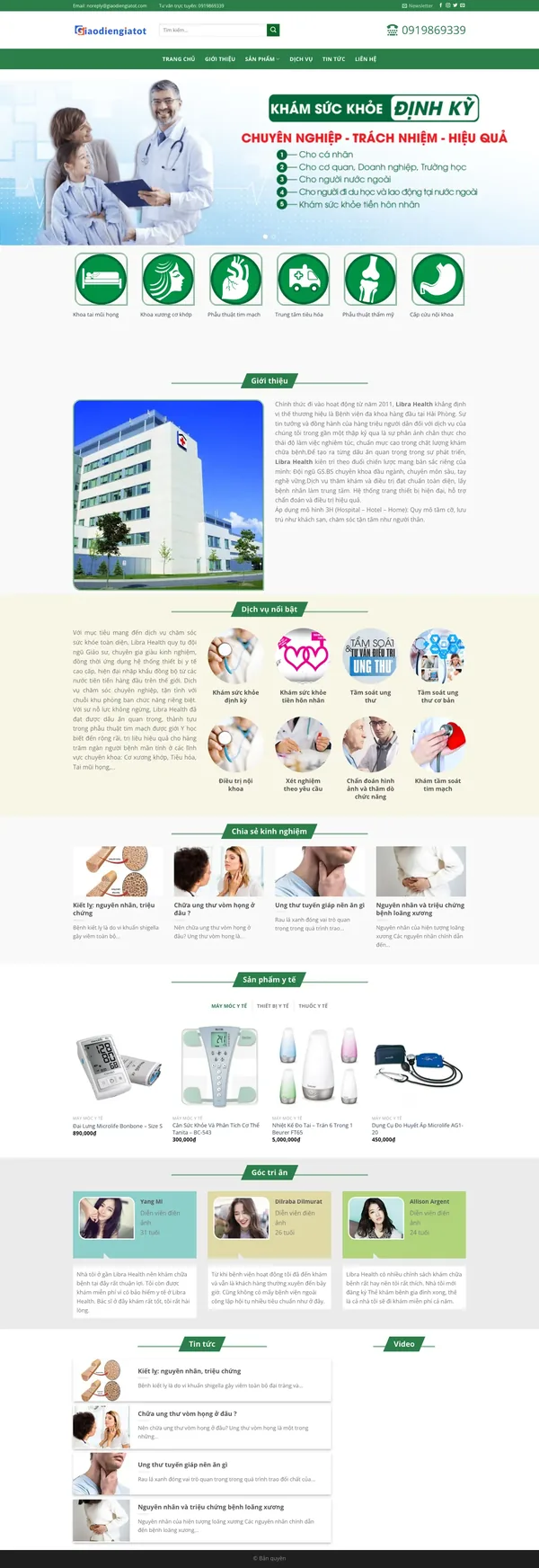 Màn hình đầu mẫu website khám sức khỏe định kỳ với slider và 6 chuyên khoa