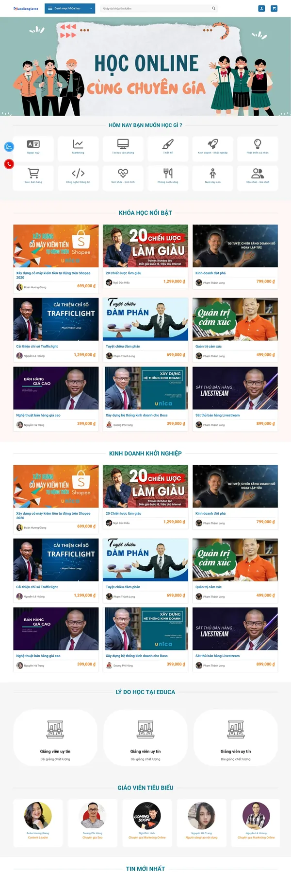 Màn hình đầu mẫu website nền tảng khóa học online với banner và lưới chủ đề