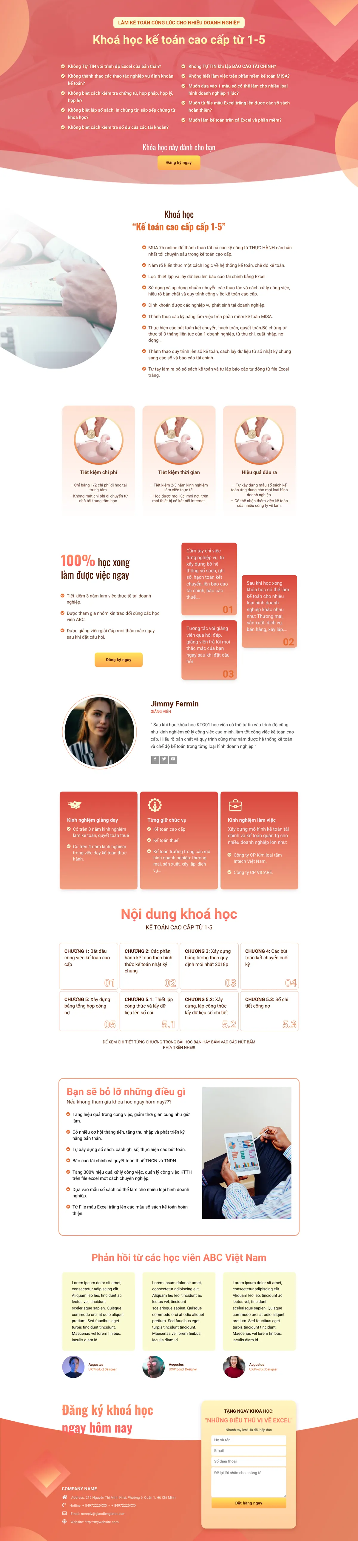 Màn hình đầu mẫu landing page khóa học kế toán online nền gradient cam hồng