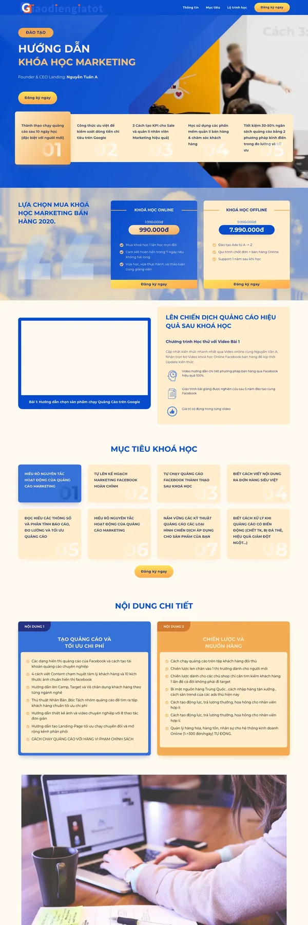 Màn hình đầu mẫu landing page khóa học marketing tông xanh dương vàng cam