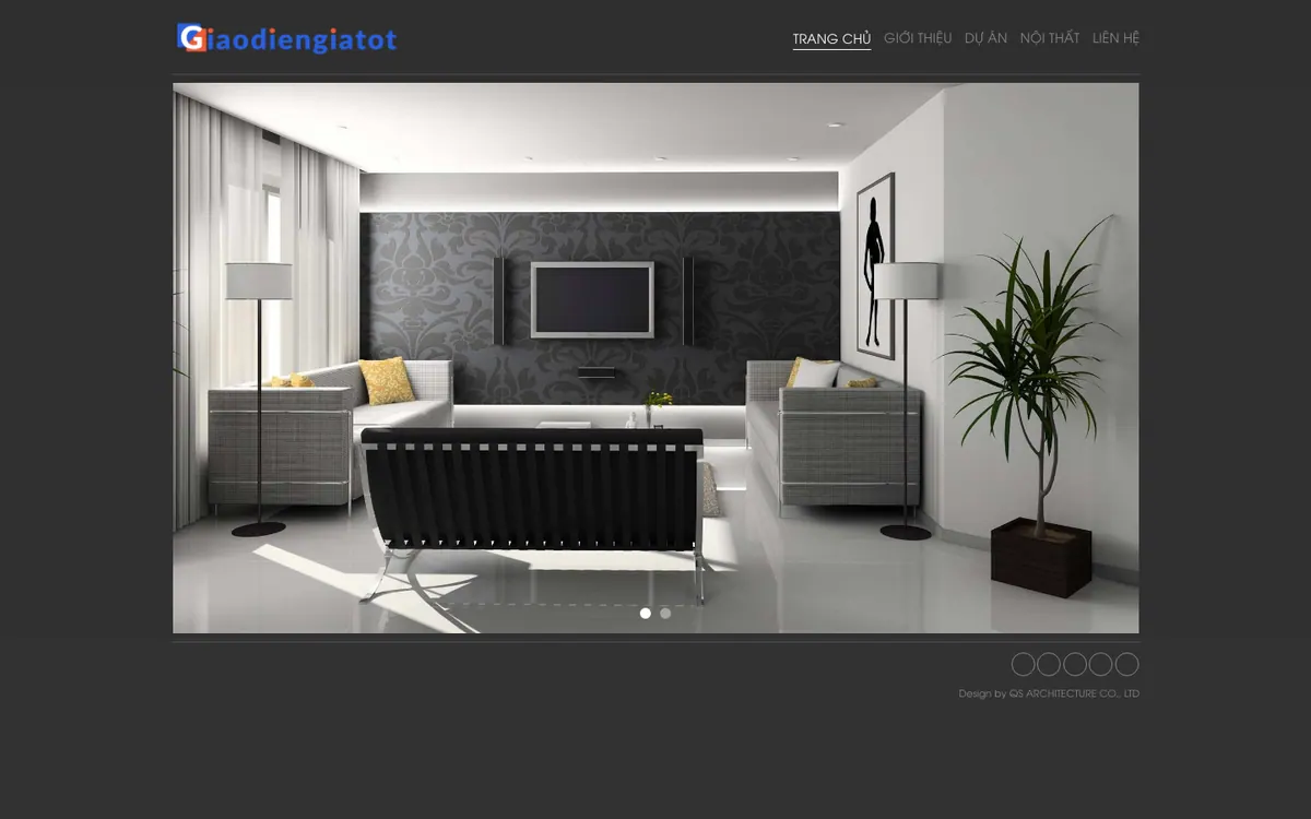 Màn hình đầu mẫu website kiến trúc portfolio nền tối với slider ảnh phòng khách