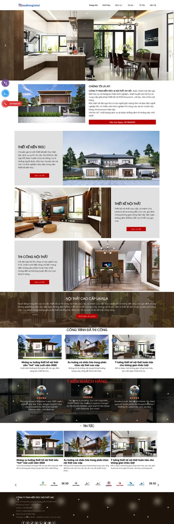 Màn hình đầu mẫu website thiết kế thi công nội thất với slider bếp và nút gọi nổi