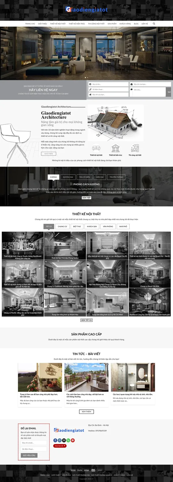 Màn hình đầu mẫu website thiết kế nội thất với slider phòng khách và form liên hệ nhanh