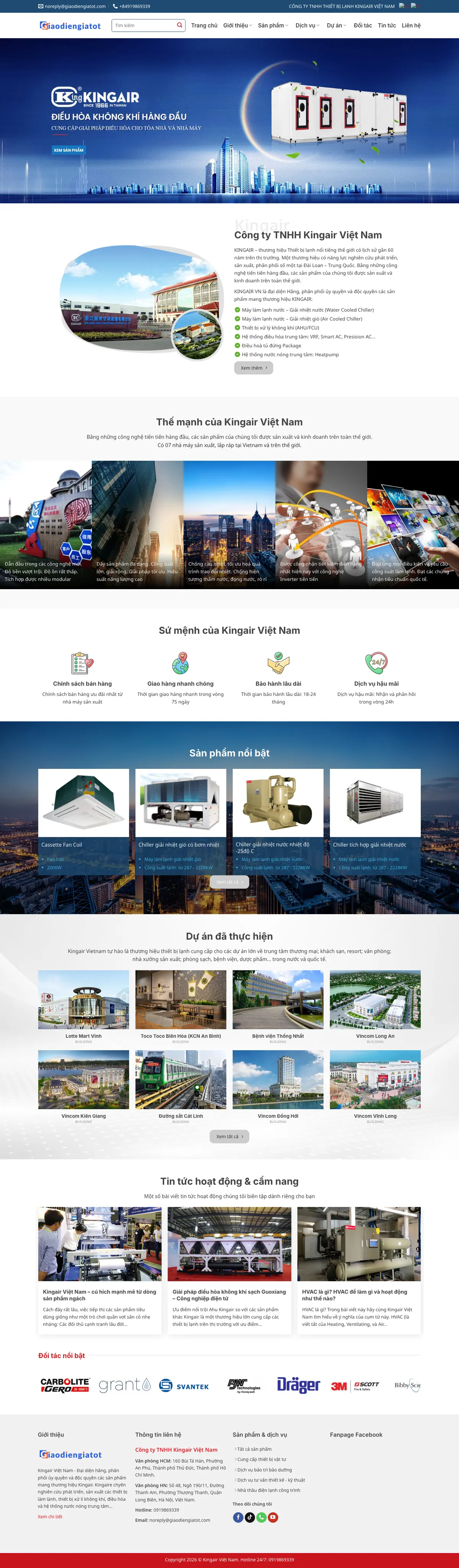 Màn hình đầu mẫu website phân phối điều hòa công nghiệp với banner thiết bị xử lý không khí
