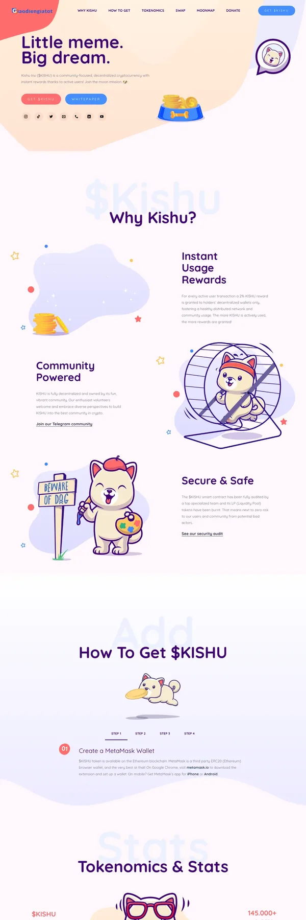 Màn hình đầu mẫu landing page dự án token với minh họa chó hoạt hình nền pastel