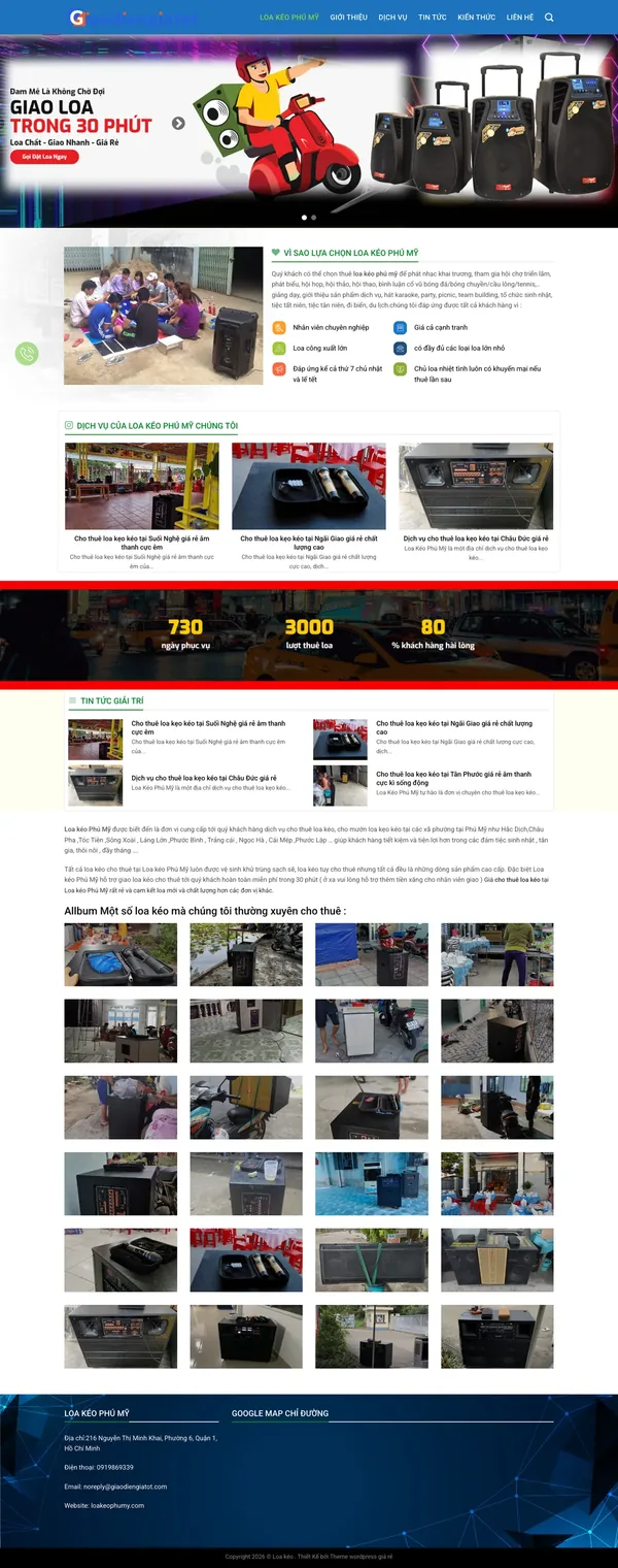 Màn hình đầu mẫu website cho thuê loa kéo với banner giao loa nhanh