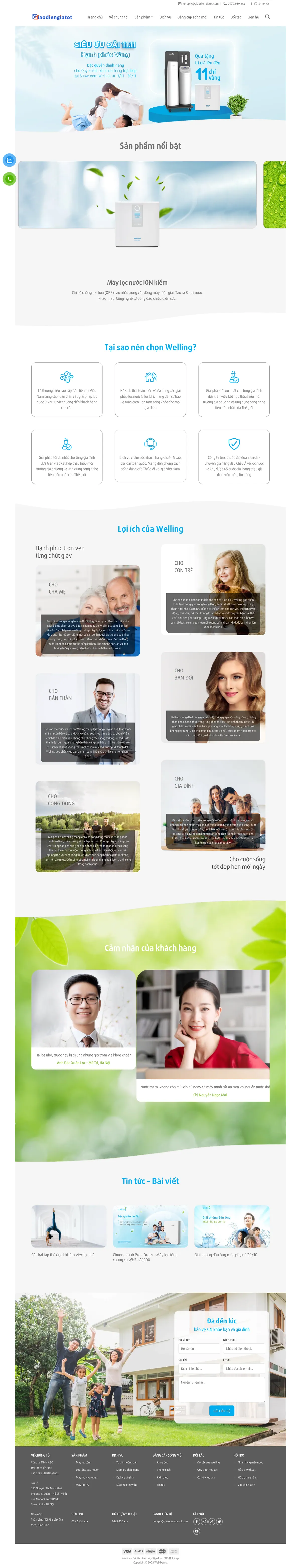 Màn hình đầu mẫu website máy lọc nước cao cấp với banner ưu đãi tông xanh nhạt