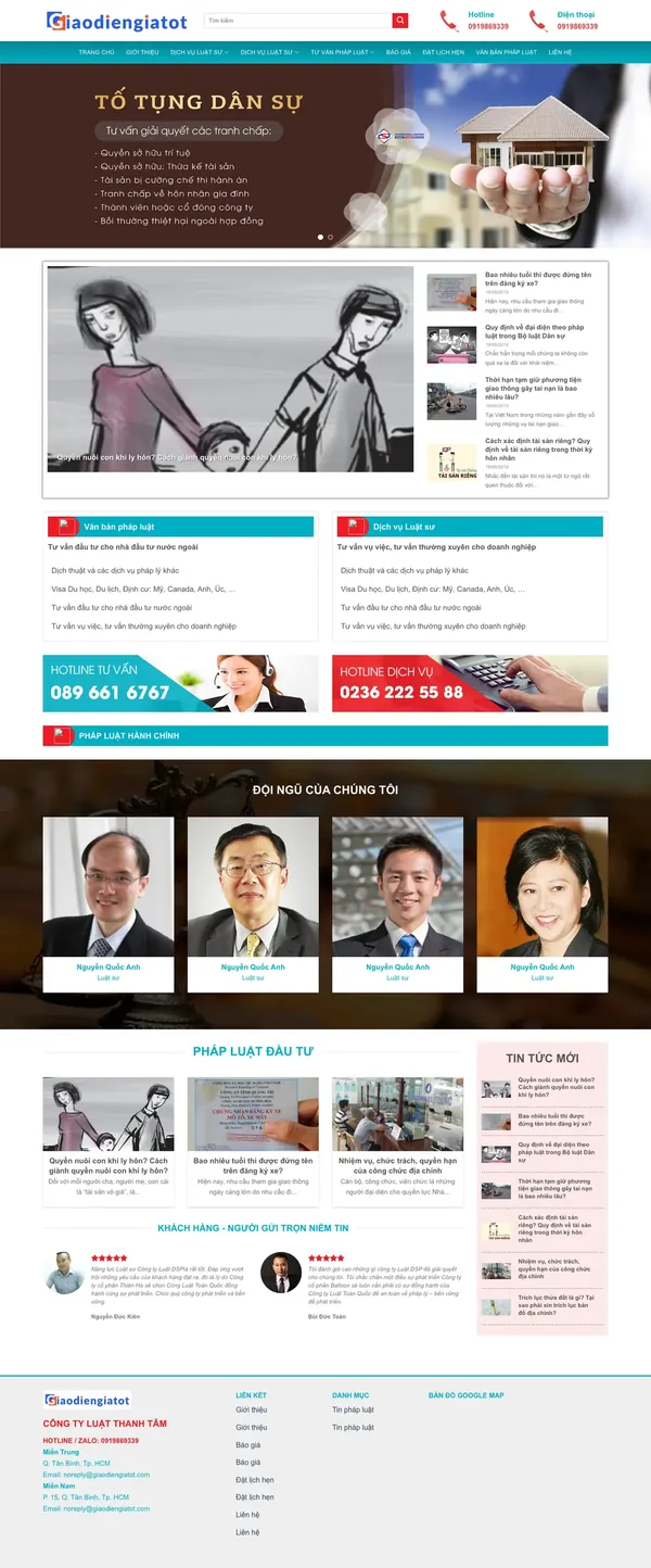 Màn hình đầu mẫu website công ty luật với slider tố tụng dân sự