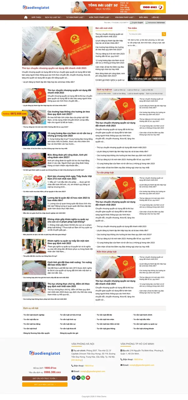 Màn hình đầu mẫu website tư vấn pháp luật dạng báo điện tử menu nâu