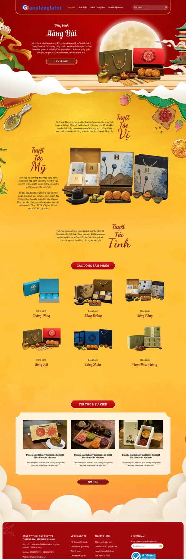 Màn hình đầu mẫu website bánh trung thu nền trăng đỏ vàng họa tiết cổ