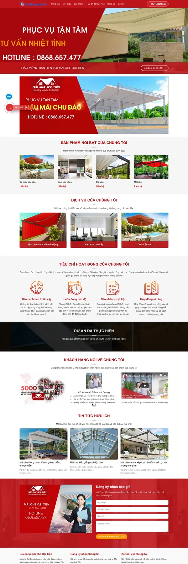 Màn hình đầu mẫu website gia công mái che, mái hiên di động