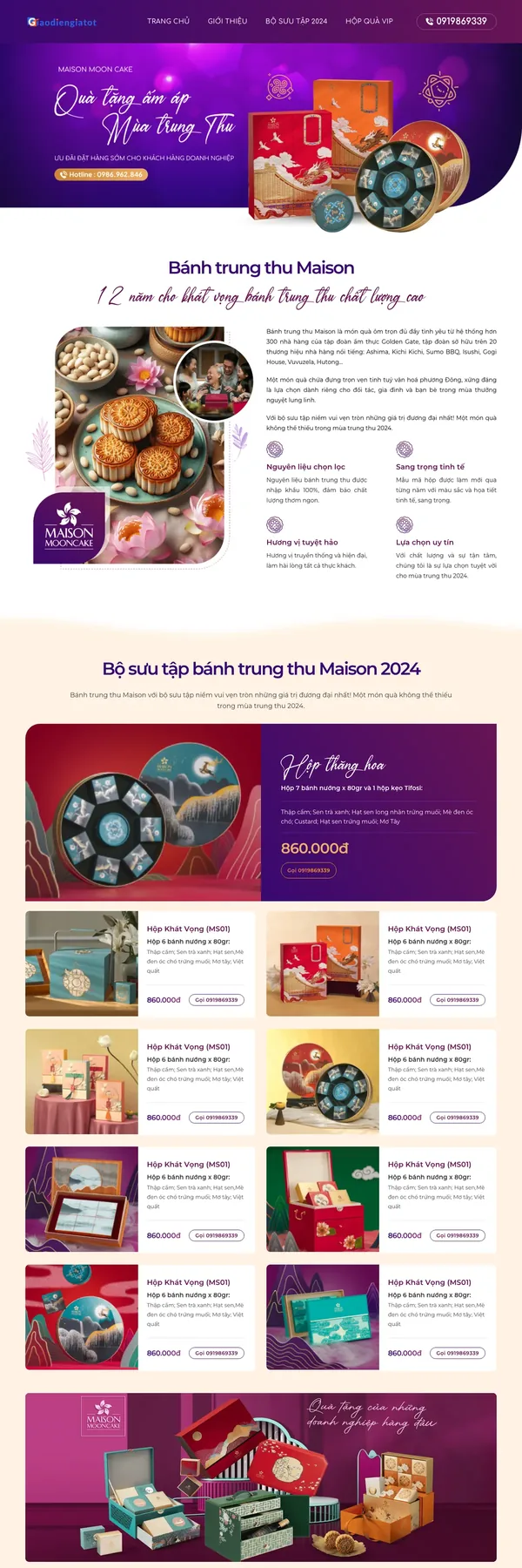 Màn hình đầu mẫu website bánh trung thu tông tím với banner hộp quà
