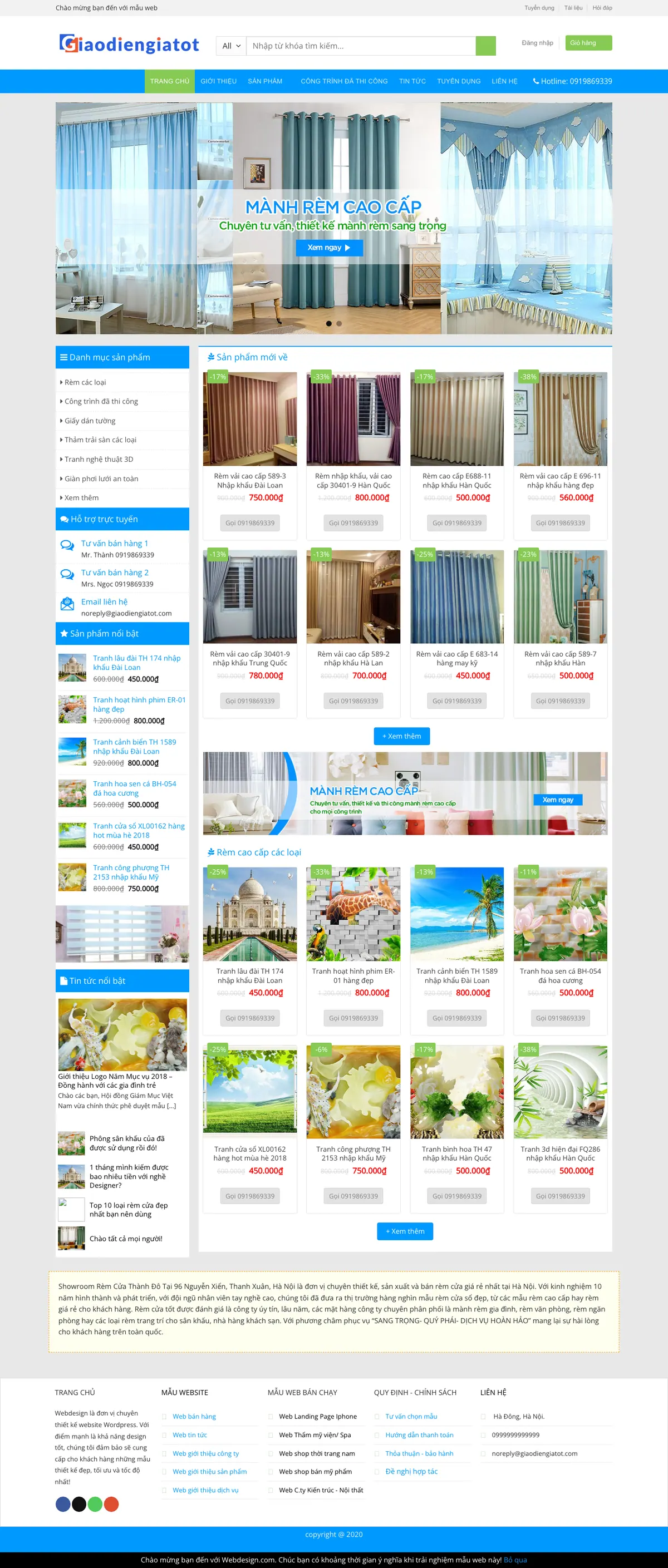 Màn hình đầu mẫu website rèm cửa với slider mành rèm cao cấp