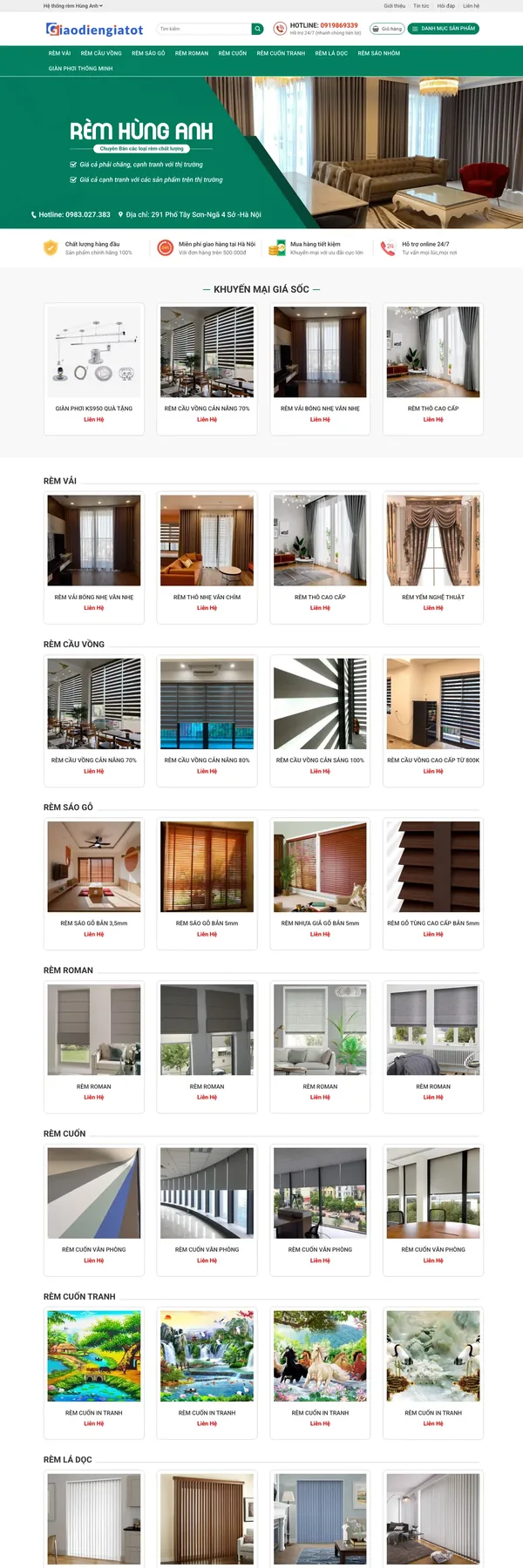 Màn hình đầu mẫu website cửa hàng rèm tông xanh lá có banner phòng khách