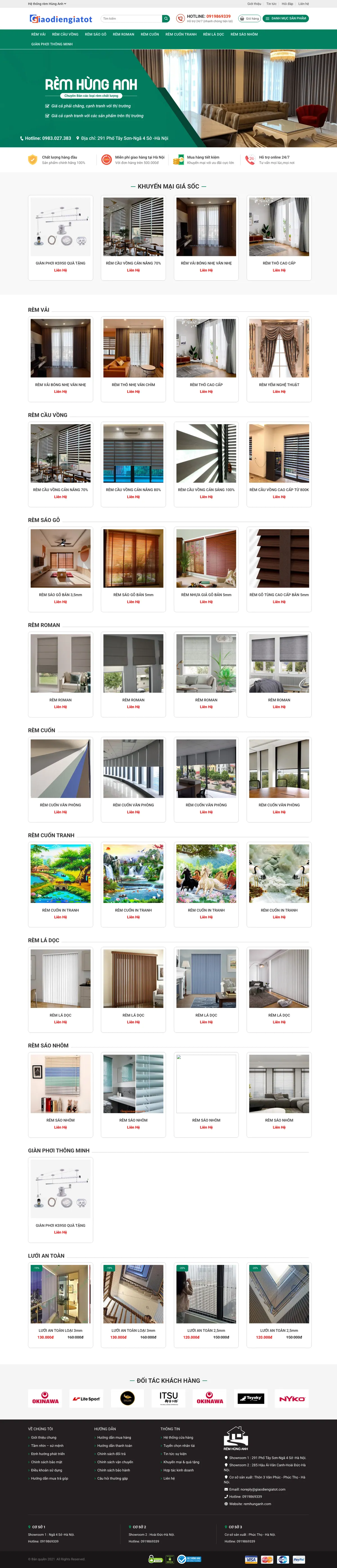 Màn hình đầu mẫu website cửa hàng rèm tông xanh lá có banner phòng khách