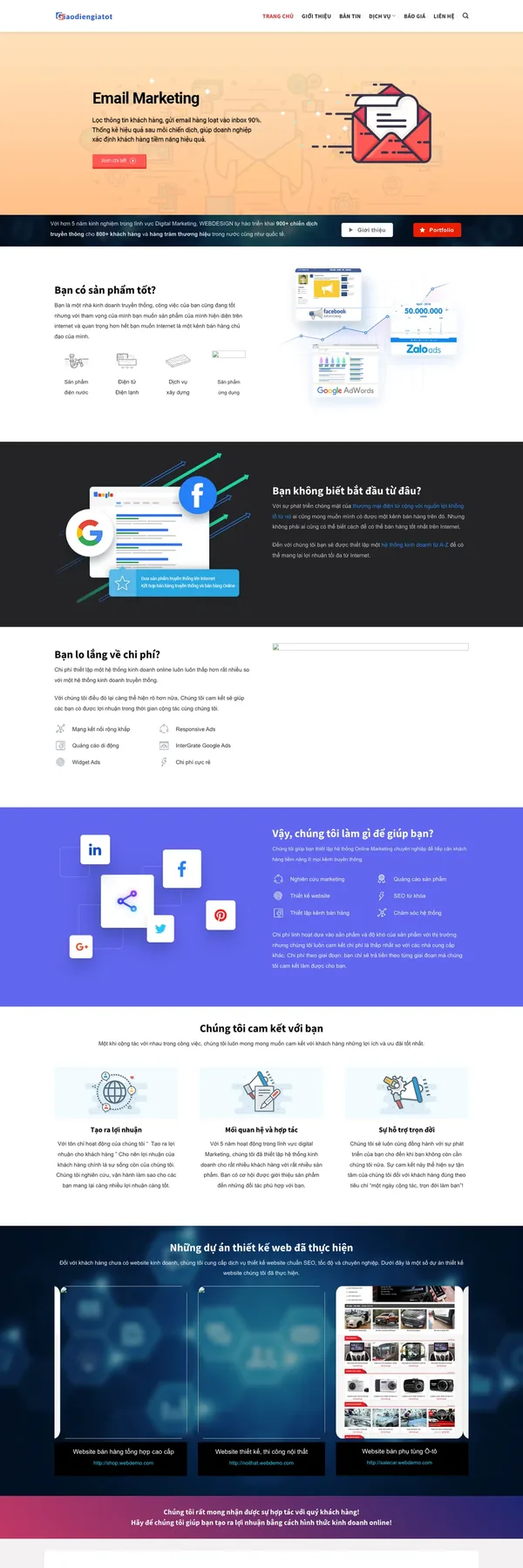Màn hình đầu mẫu website dịch vụ quảng cáo online với slider email marketing