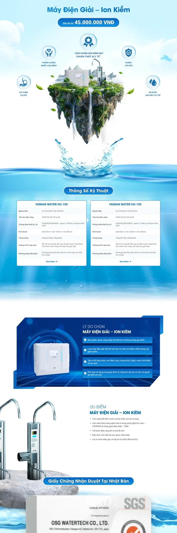 Màn hình đầu mẫu website landing page máy điện giải trên nền trời xanh