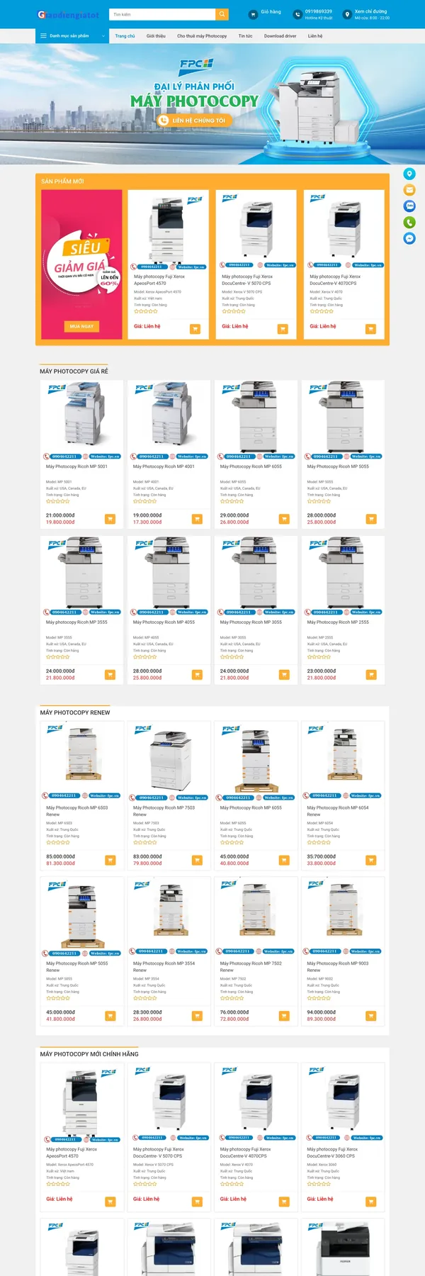 Màn hình đầu mẫu website máy photocopy với banner đại lý và sản phẩm mới